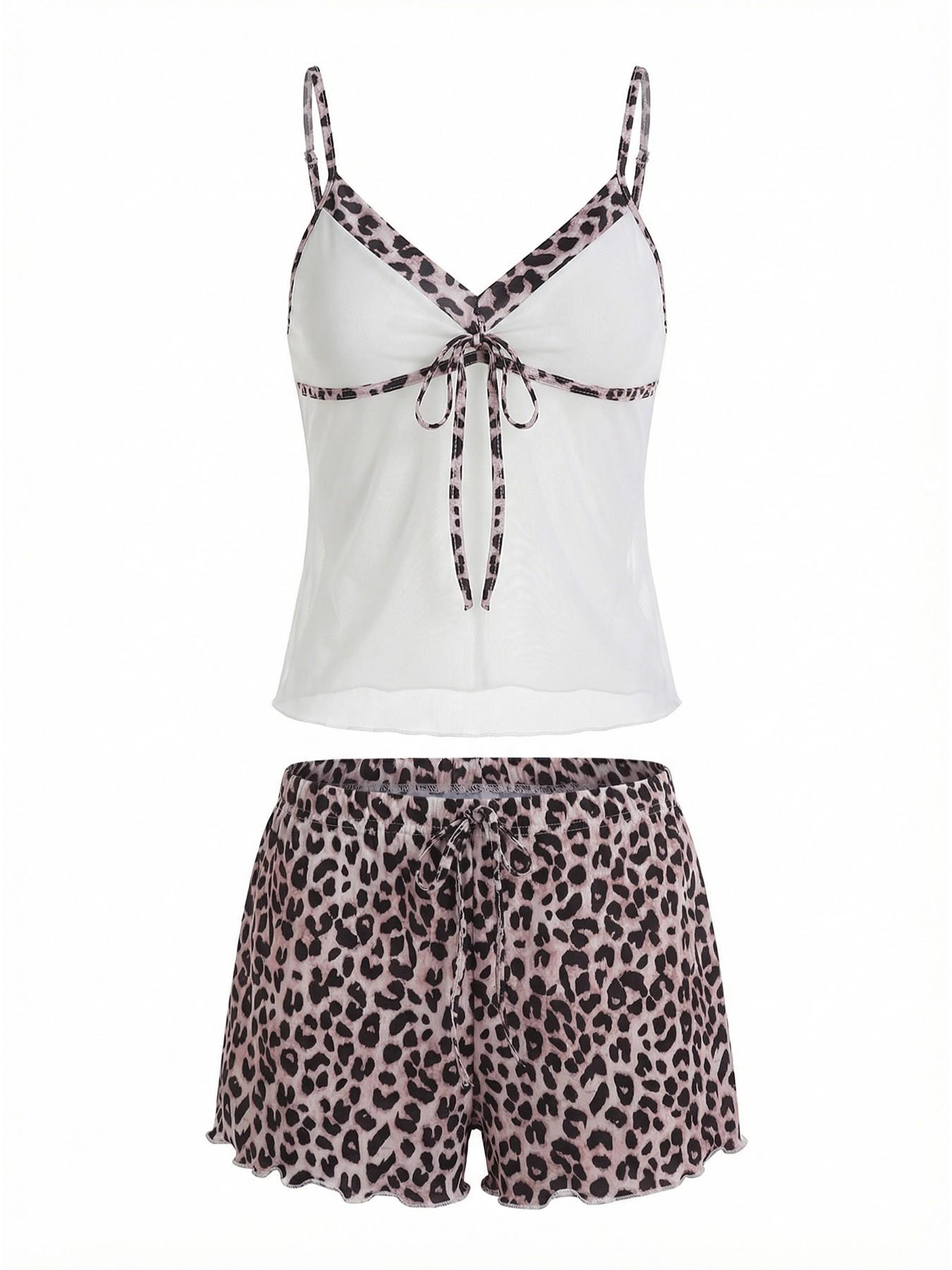 Women's Leopard Trim Cami Pajama Set, V Neck Front Tie Mesh Tank Top, Ruffle Hem Leopard Print Shorts, Soft Loungewear for Home & Daily Wear, Womenswear