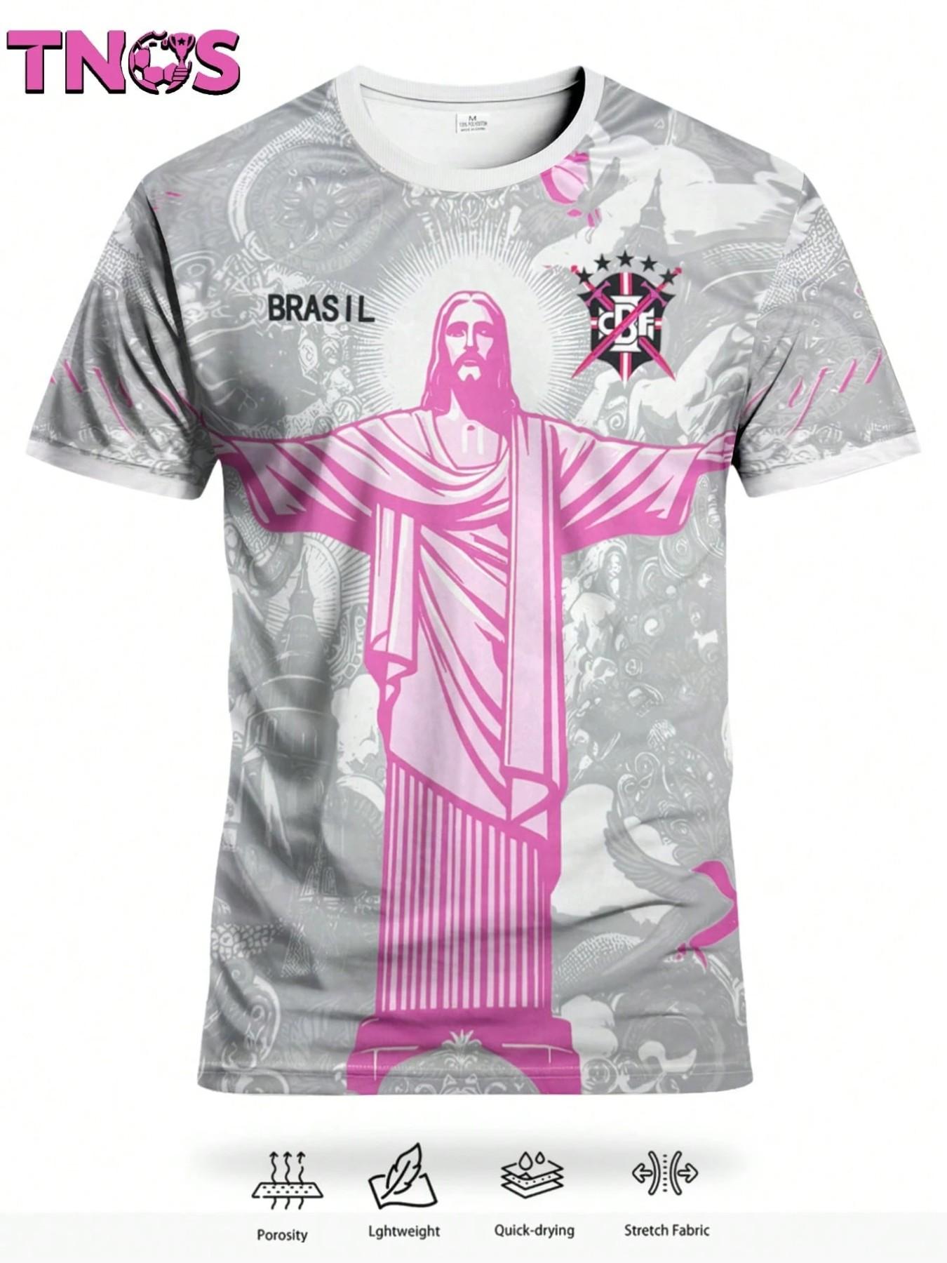 Men's Brazil Christ the Redeemer Art Print Soccer Jersey, Graphic Short Sleeve Football Shirt, Trendy Street Fan Apparel