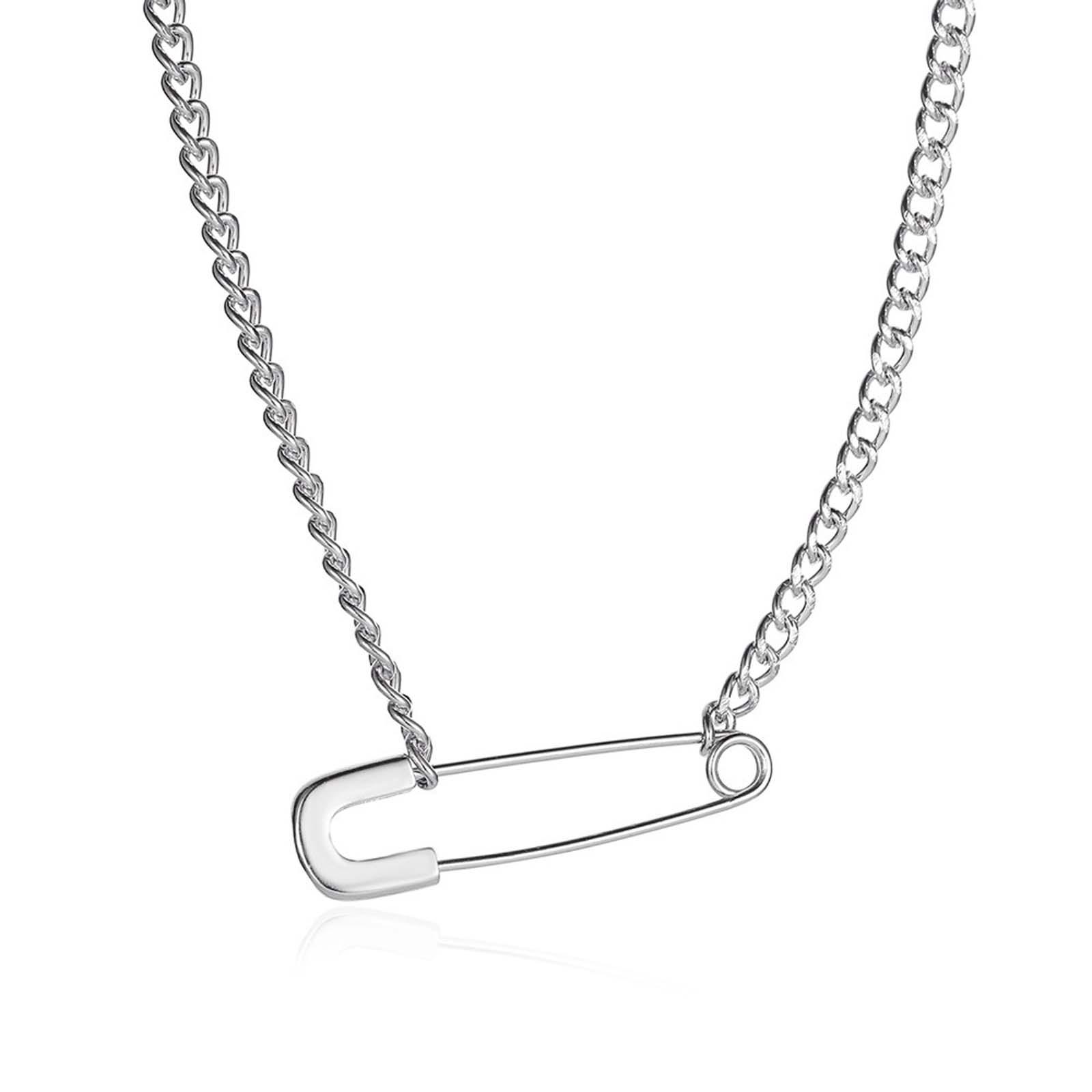 Unisex Paper Clip Shape Artificial Gemstone Alloy Safety Pin Necklace - Modern Edgy Casual Style, 46cm/18.1in Metal Coating Versatile Daily Chain, Women's Adult Jewelry, Couple Birthday Gift