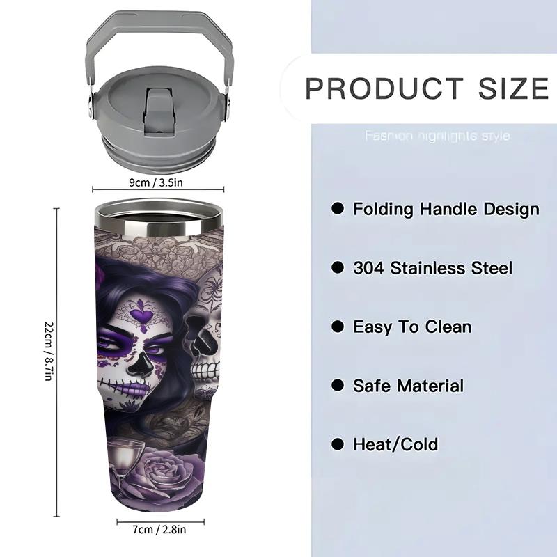 1pc 30oz Stainless Steel Insulated Mug - Gothic Style! Dark Skull and Rose Design - A Must-Have for Hot Girls! Comes with a handle and straw. Suitable for outdoor, sports, and indoor use. Birthday/Holiday Gift - Large Capacity Water Bottle