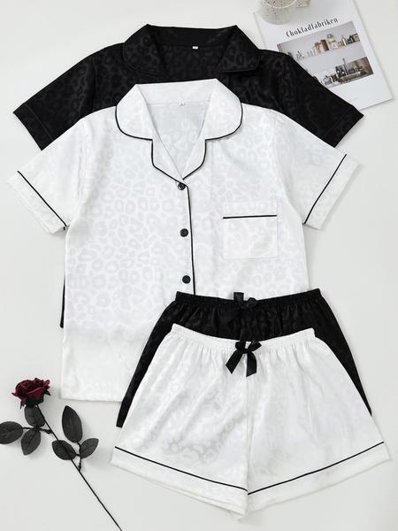 Women's Leopard Print Contrast Trim Lapel Neck Pajama Two-Piece Set, Comfort PJ Set, Short Sleeve Button Up Top & Shorts PJ Set, Casual Sleepwear Set for Women