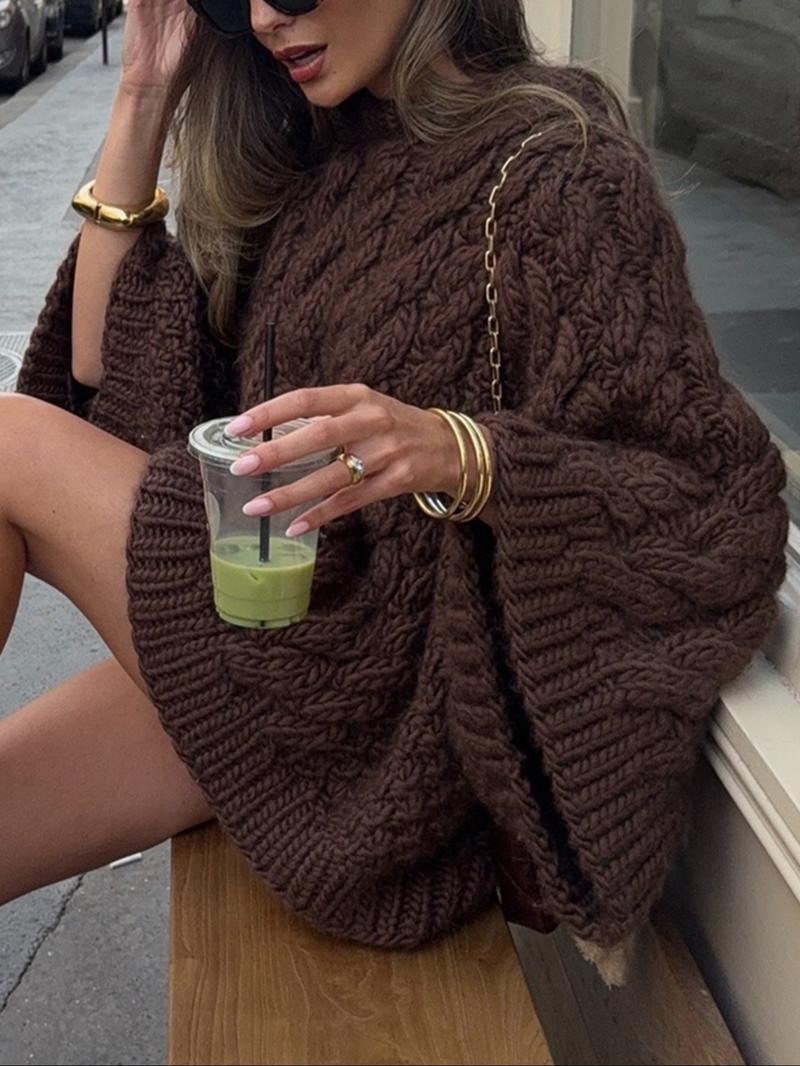 Women's Casual Plain Color Loose-Fit Sweater, Round Neck Long Sleeve Knitwear for Fall and Winter Daily Wear