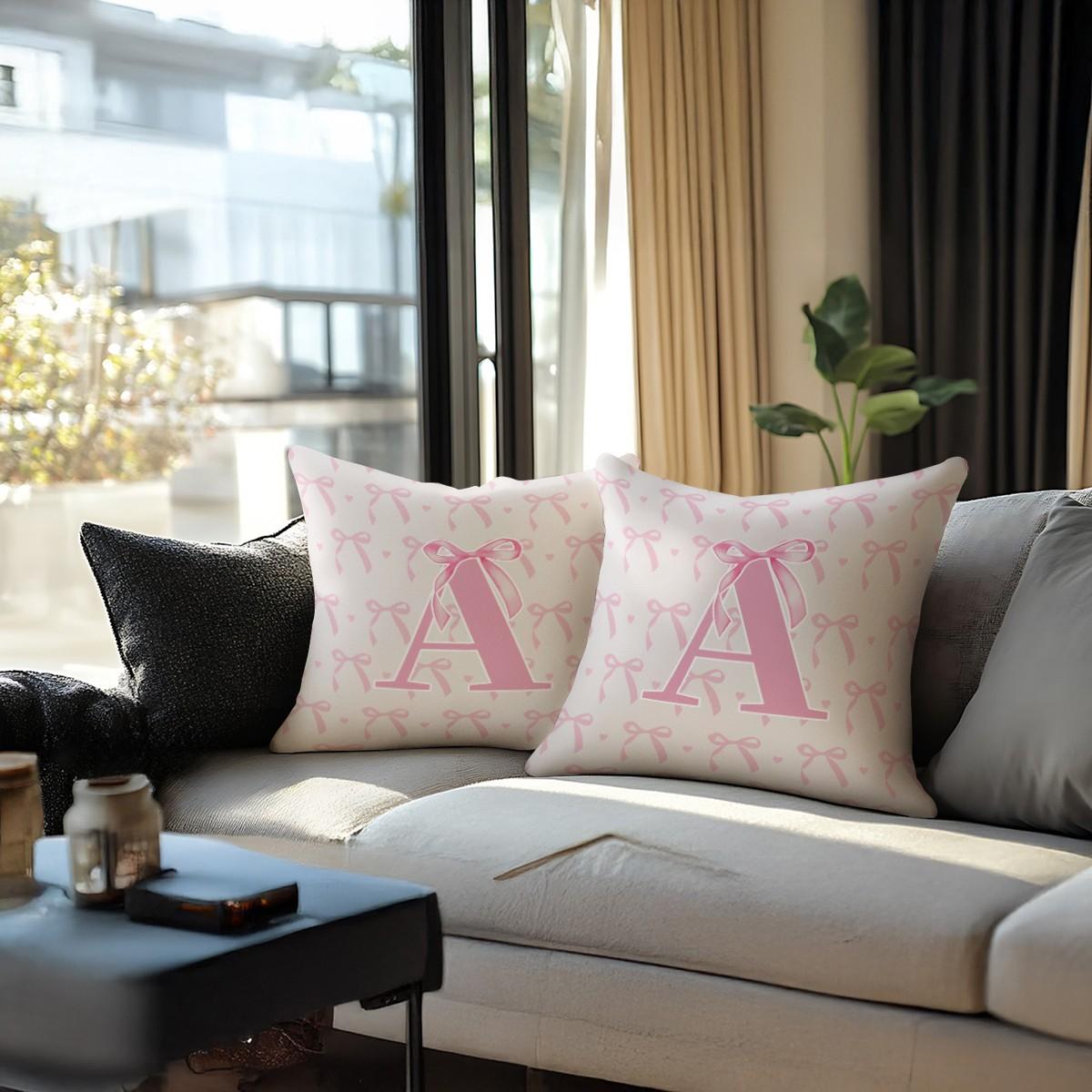 Pink Romantic Ballet Bow Full Alphabet Initial Throw Pillow with Insert, Coquette Aesthetic Decorative Pillow for Sofa, Bay Window, Patio, Cafe, All Season Use, Back Support Cushion, Ideal Housewarming Birthday Christmas Gift