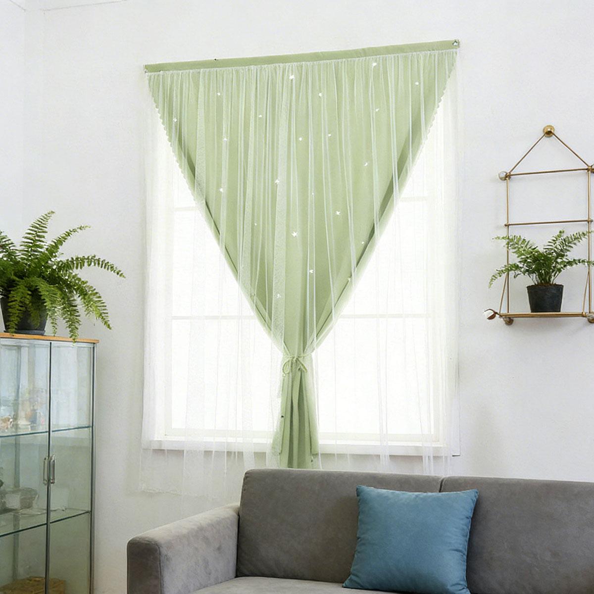 Starry Two-Layer Curtains, No-Drill Bedroom Girl Style Light Blocking Drapes, Balcony Window Windproof Sheer Curtain with Magic Tape