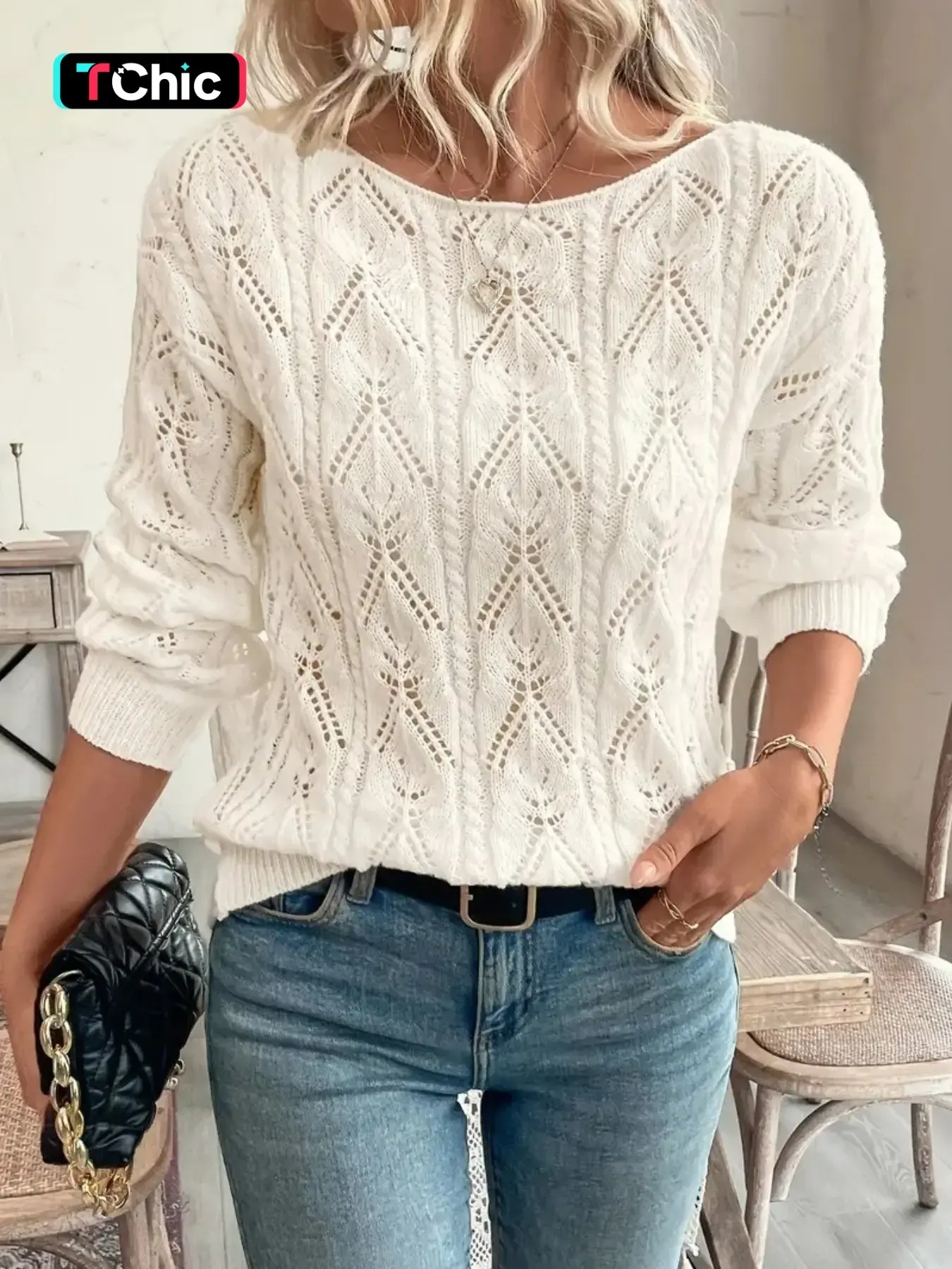 Holiday Style Casual Rhombus Cutout Shoulder Boat Neck Loose Long Sleeve Pullover Knit Sweater, Spring & Fall Fashion Top