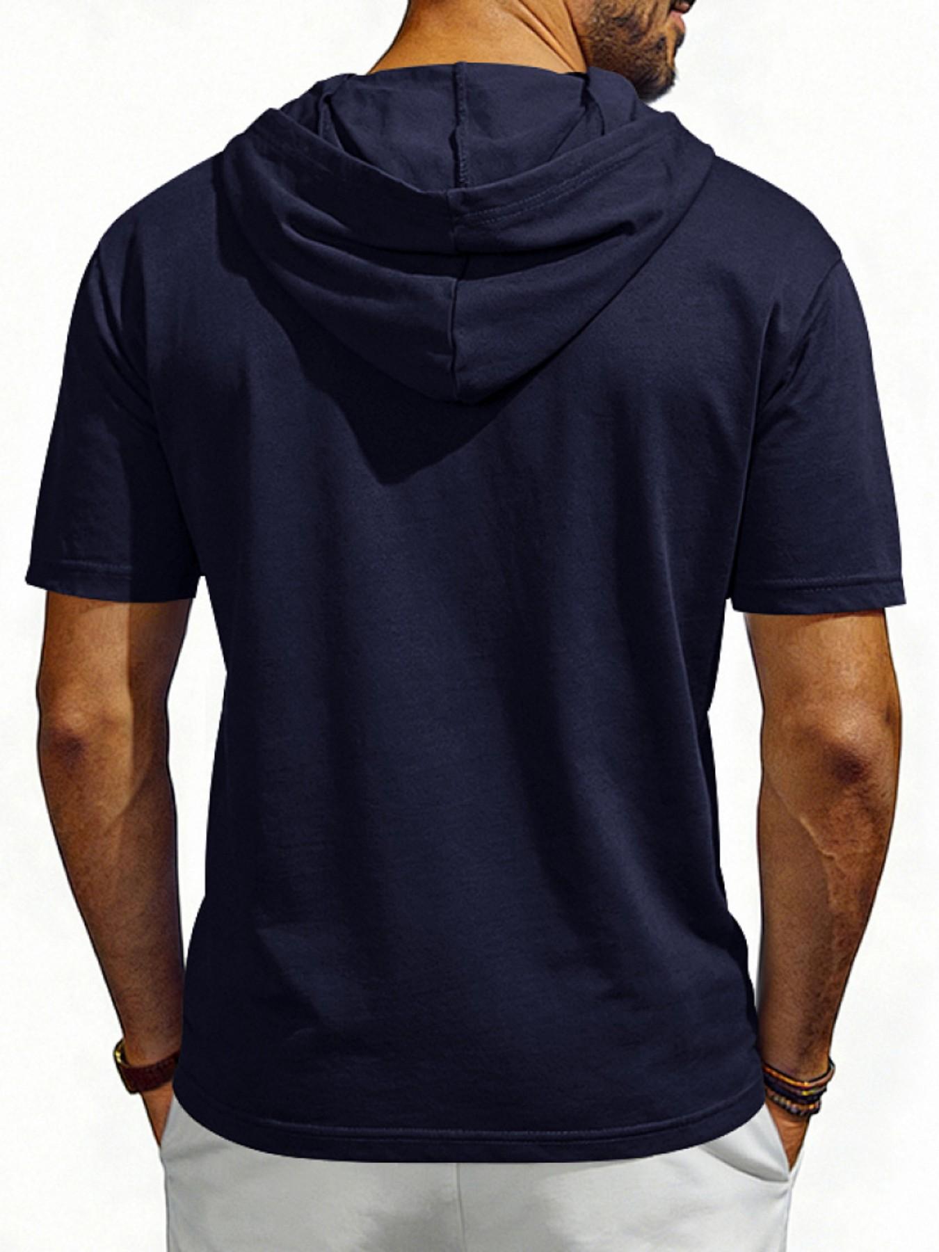 Men's Loose Fit Vintage Hooded Henley Shirt, Short Sleeve Summer Casual Top, American Style Cross-Border Fashion Apparel