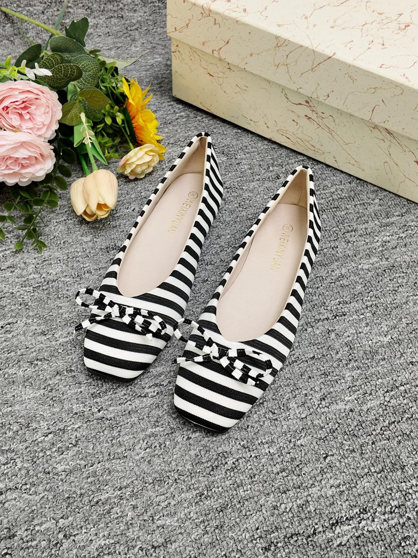 2026 New Striped Square Toe Flat Shoes, French Soft Sole Low Top Bow Single Shoe, Commuter Versatile Slimming Women's Shoes