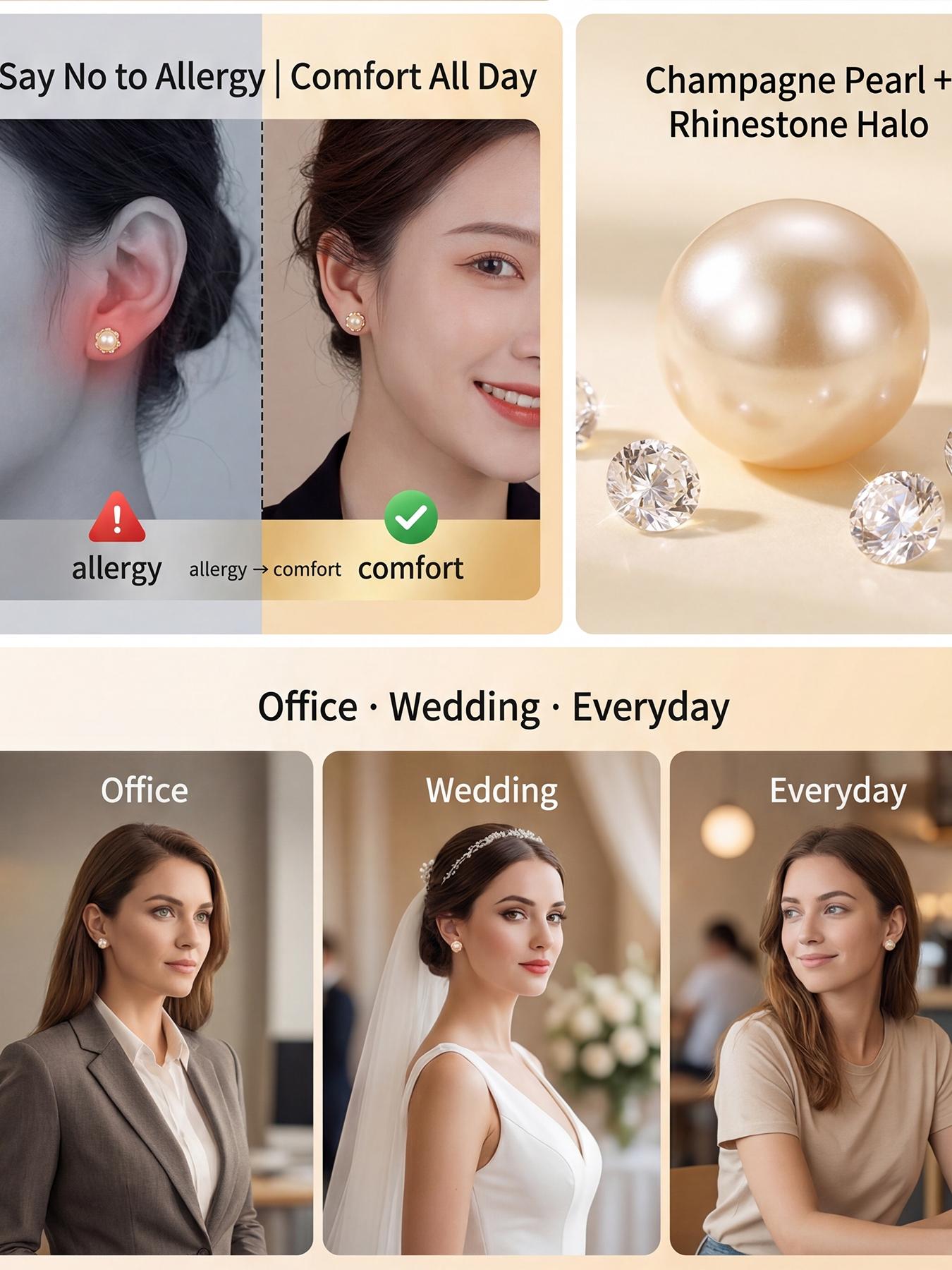 Women's Hypoallergenic Classic Champagne Pearl Stud Earrings, Gold Plated Flower Halo Rhinestone Inlaid Dainty Timeless Earrings, Fashion Jewelry for Everyday Wear Office Wedding & Gift