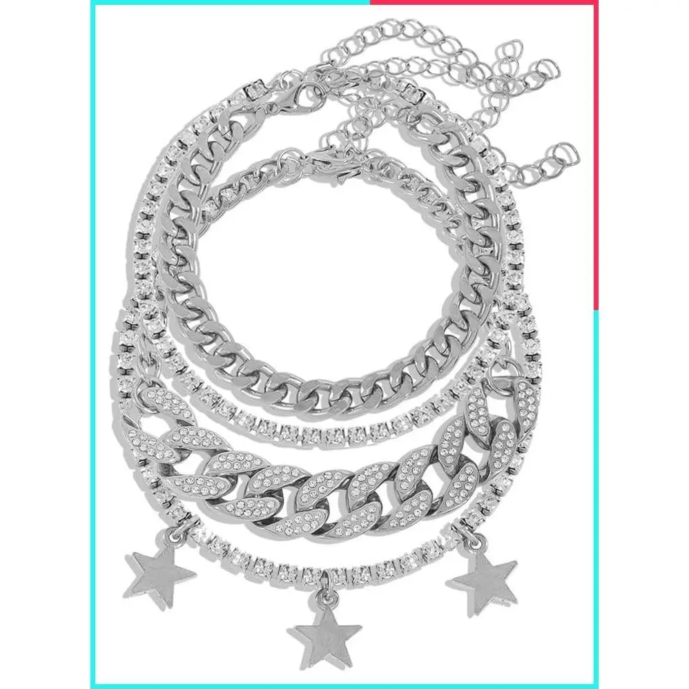 Layered Star Charm Cuban Anklet for Women Rhinestone Gold/Silver Plated Adjustable Summer Beach Ankle Bracelet