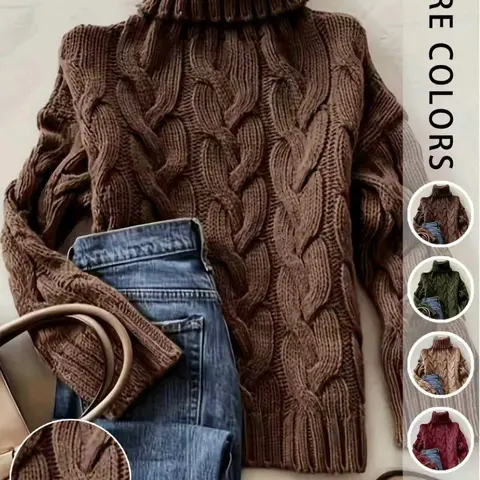 Women's Fashion High Neck Knit Sweater, Long Sleeve College Style Casual Fall Winter Pullover, Perfect for Daily Commute and Vacation Knitwear