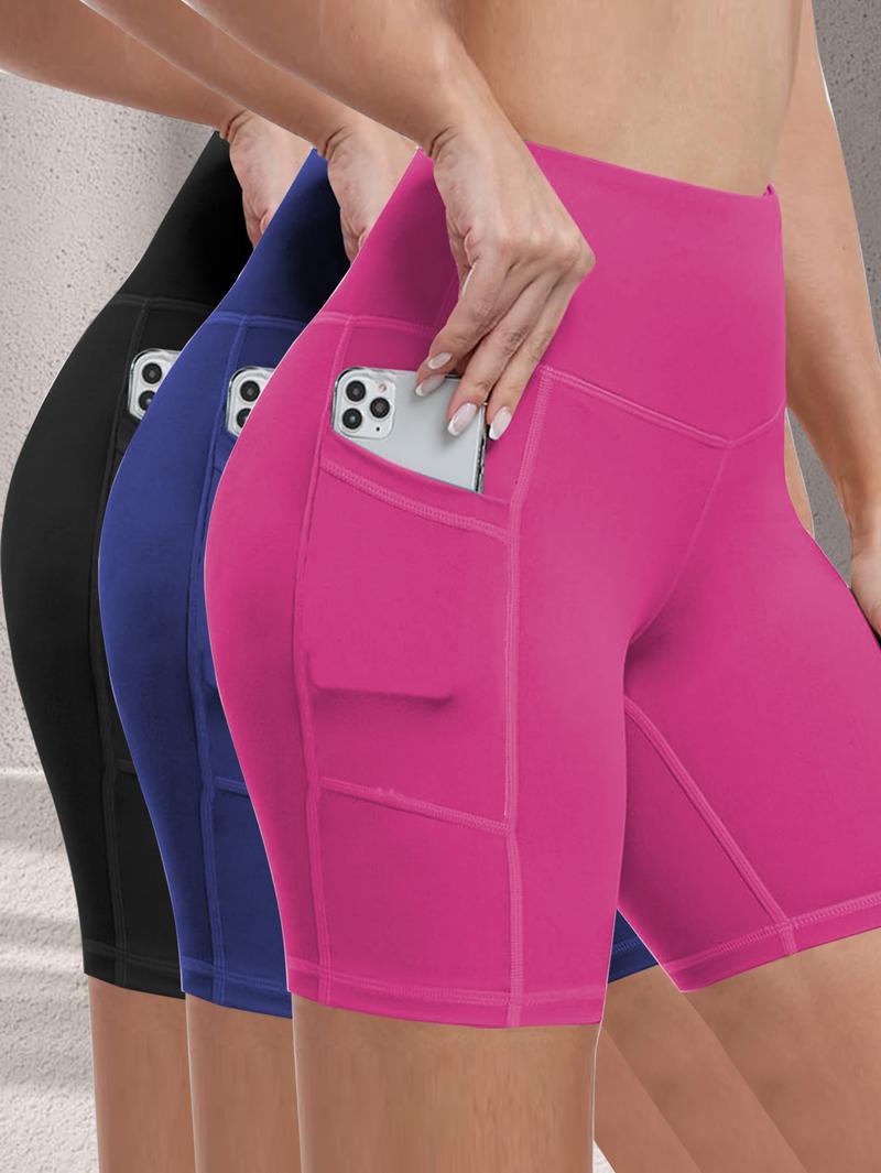 3pcs/Set Plus Size Women's Sportswear Tight Shorts High Waist Elastic Abdomen Control Yoga Shorts With Pockets