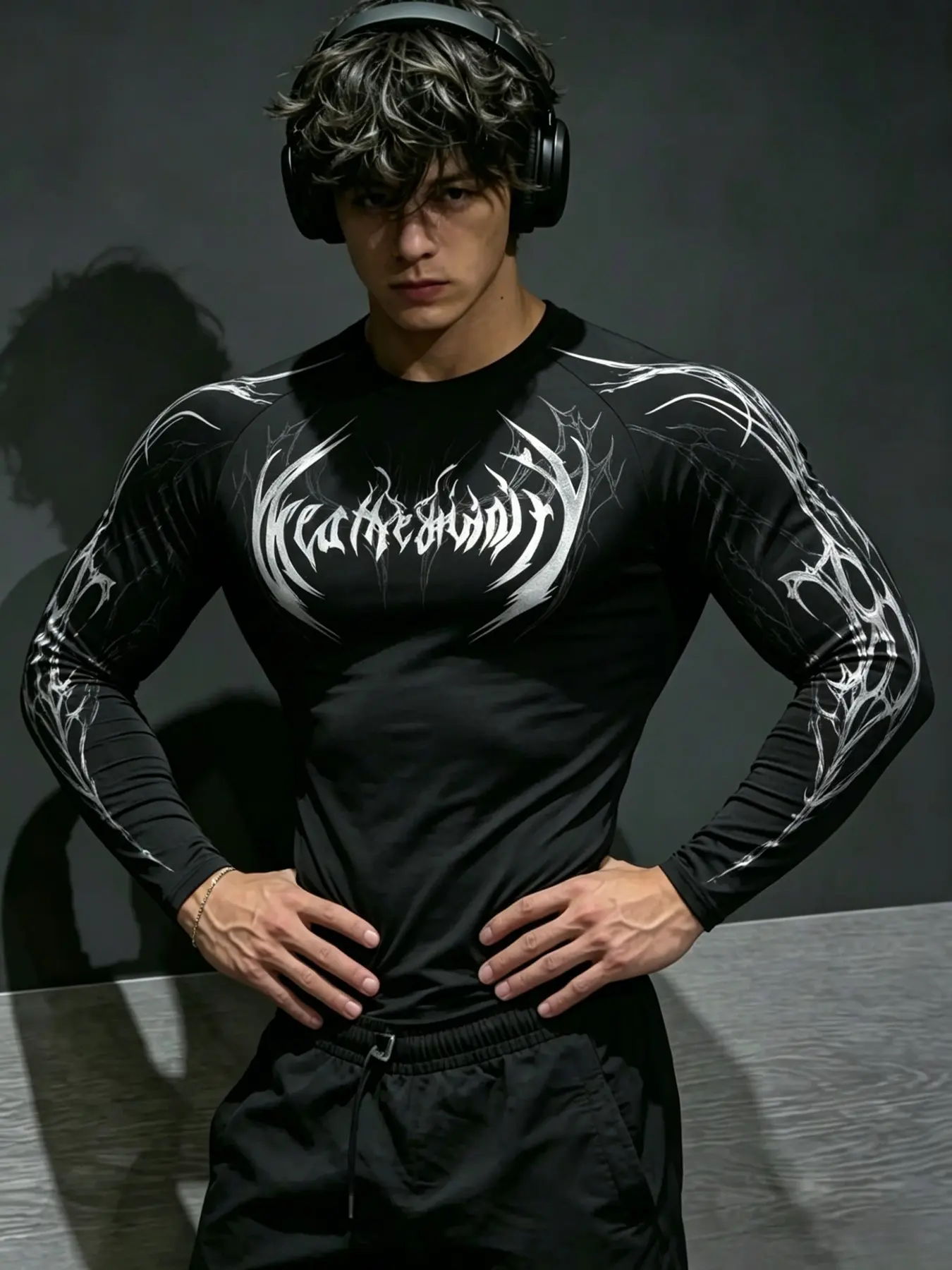 Men's European Style Fitness Long Sleeve T-Shirt, Dual Side Thorn Totem Print, High Elasticity Quick-Dry Breathable Fabric, Ideal for Gym Training