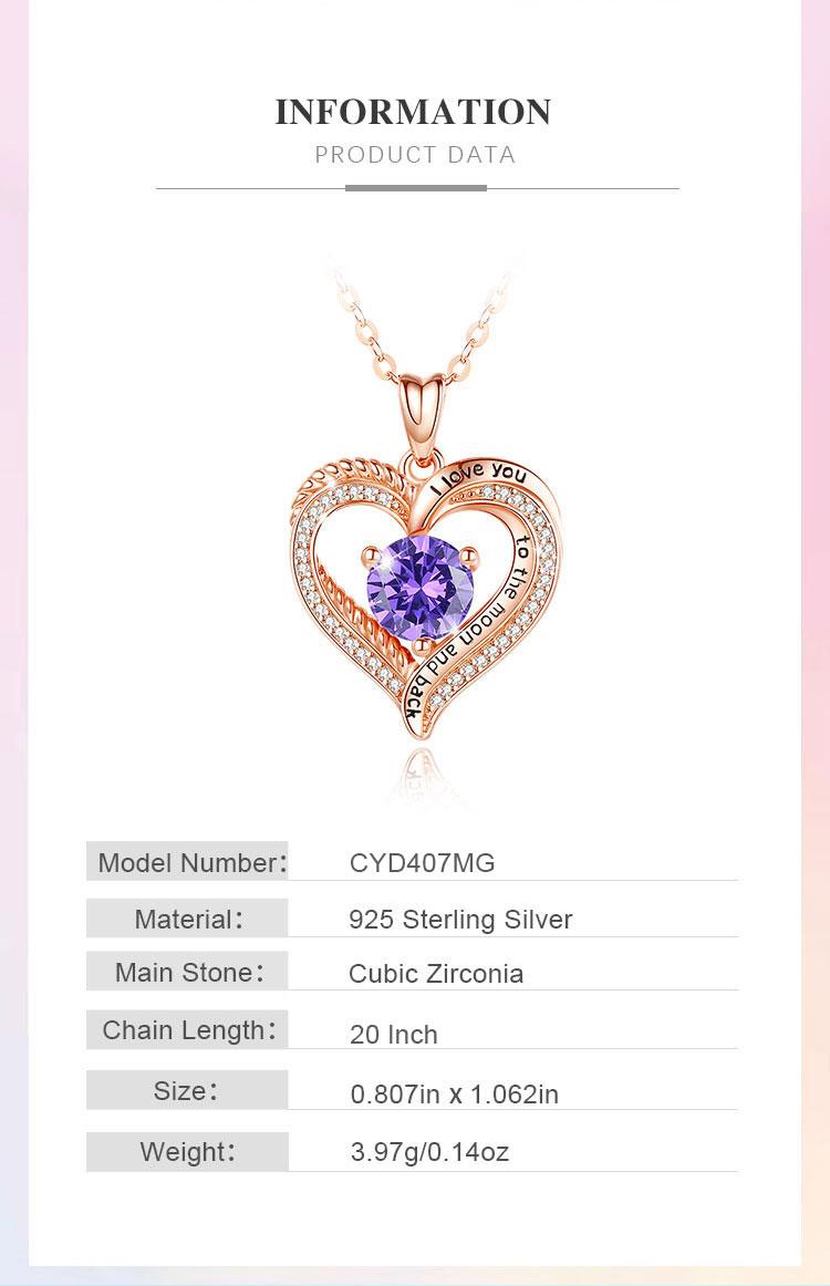 Elegant Birthstone Heart Necklace with Engraved I Love You to the Moon and Back, Rose Gold Heart Pendant, Bridesmaid & Lover Gift