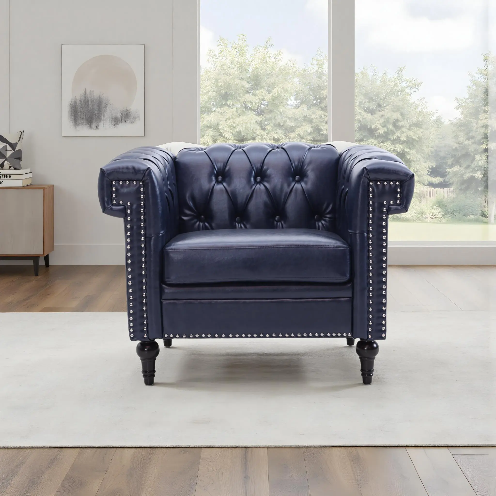 PU Leather 1 Seater Sofa for Living Room, Single Seat Couch with High-Density Cotton Filling, Pine Wood Frame and Birch Legs, Black