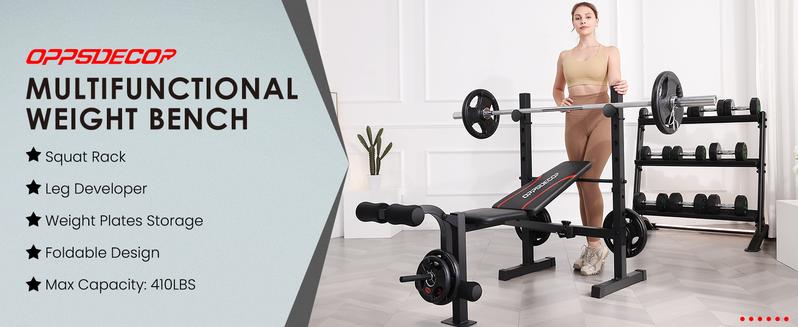 【TikTokShopBlackFriday】OPPSDECOR 600-900bls Adjustable Bench Press Weight Training Bench Set with Squat Rack and Leg Extension, Total Body Workout Folding Exercise Bench for Home Gym