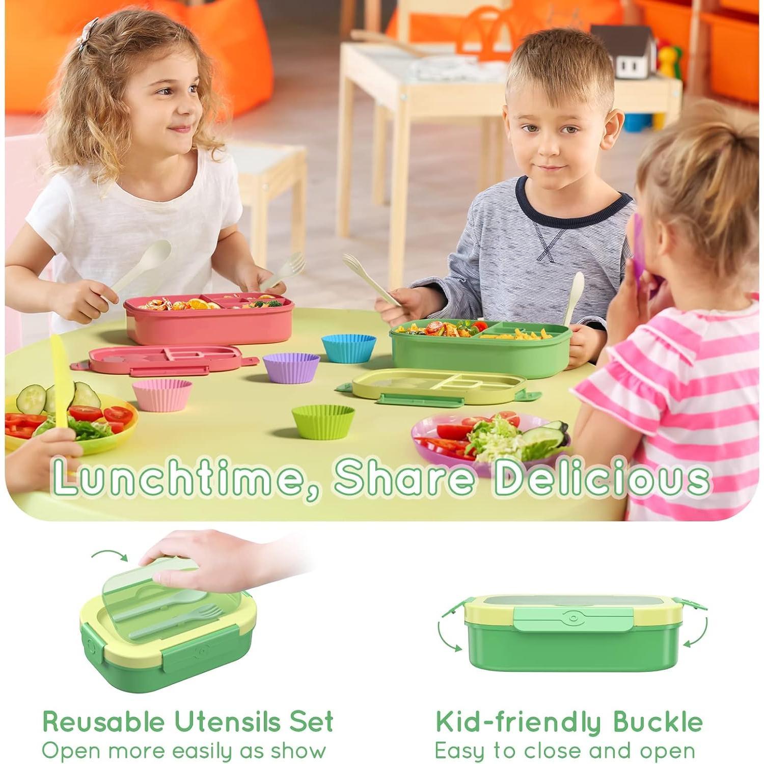 Plastic Bento Lunch Box Set with Lid - Leakproof 44oz 4-Compartment Tableware with Cutlery for Kids' School Meal Packing (Green)