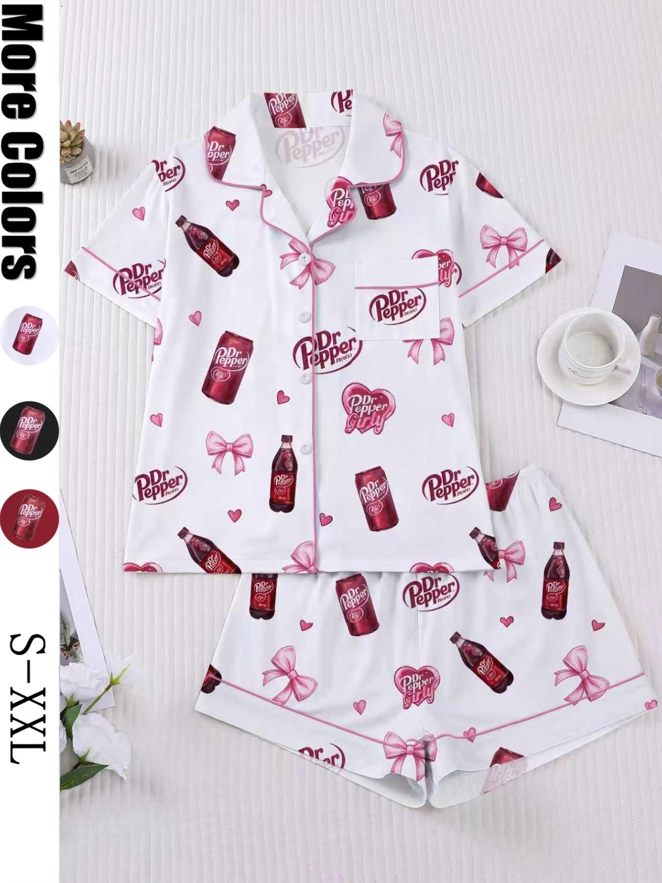 Women's Heart Bow Print Sleepwear Set, Short Sleeve Button-Up Top & Elastic Shorts, Casual Homewear for Party