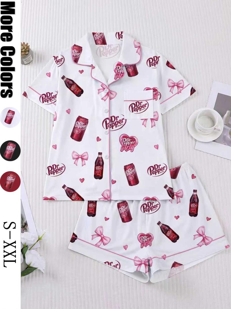 Women's Heart Bow Print Sleepwear Set, Short Sleeve Button-Up Top & Elastic Shorts, Casual Home Wear, Party