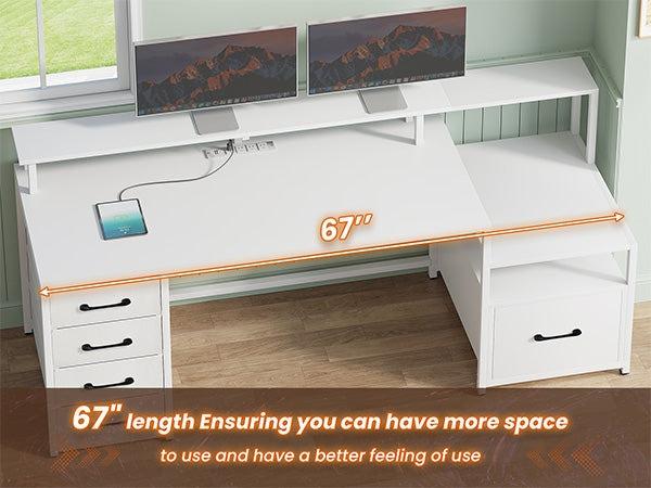 Sikaic 66 Inches LED Gaming Desk With File Drawer Power Outlet Printer Cabinet And Monitor Shelf Furniture Table Storage Office FathersDayGift Adjustable Ergonomic Chair