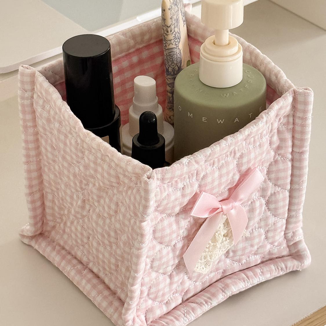 Cute butterfly quilted fabric storage basket, foldable square desktop organizer for cosmetics, skincare products, and miscellaneous items, Instagram-style floral print storage bin suitable for home, dorms, and vanity tables