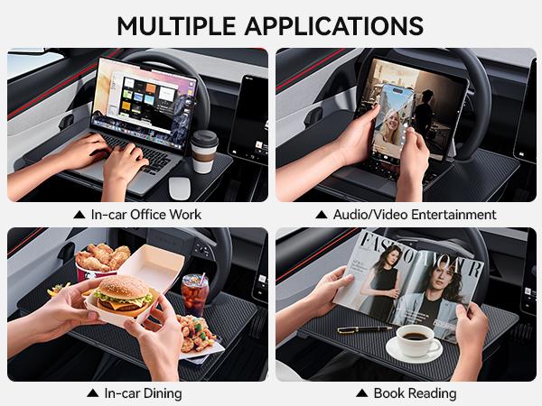 YONZEE 2-in-1 Car Steering Wheel Desk Tray & Car Seat Gap Filler Organizer – Foldable Carbon Fiber Look Table for Laptop, Eating Food, Writing – for Standard Round Steering Wheels