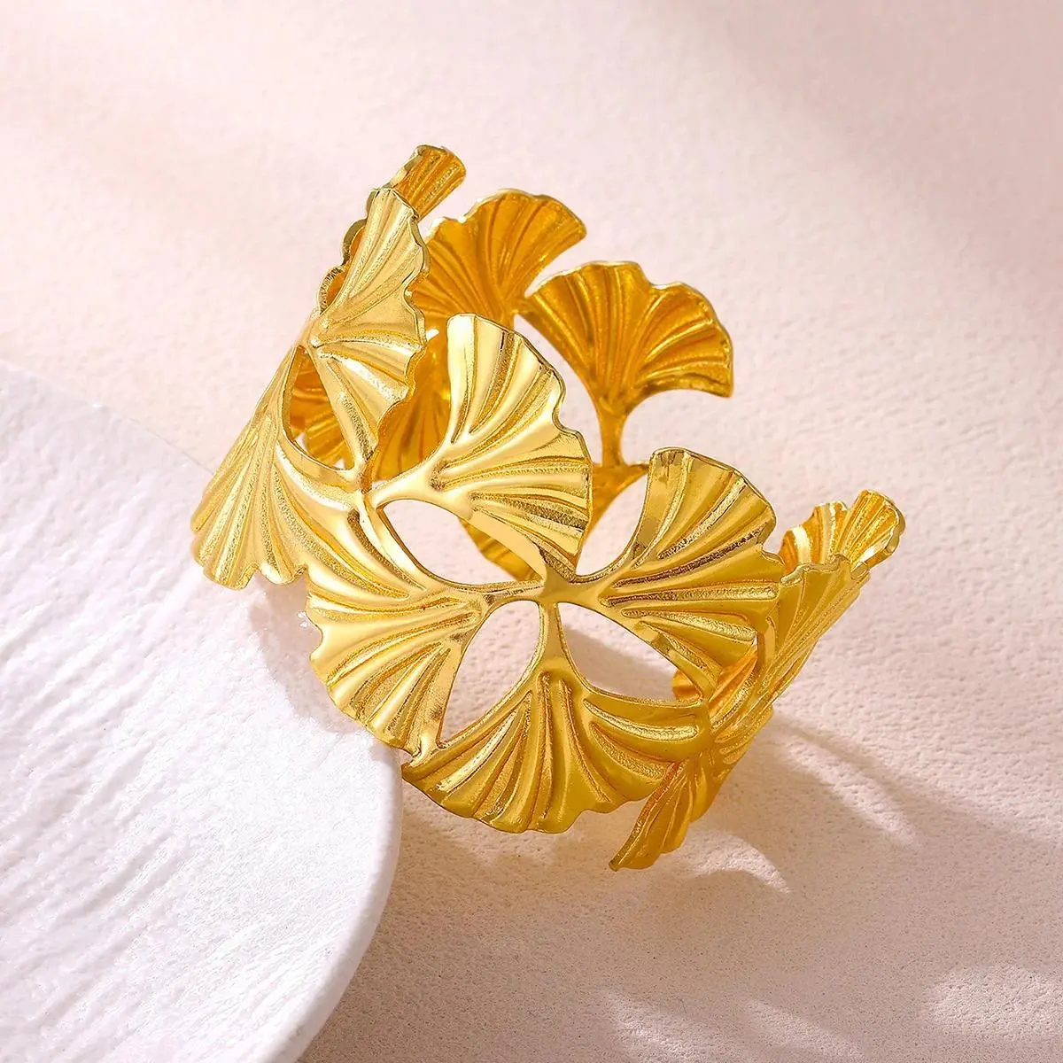 Women Wide Cuff Bangle Gold Color Ginkgo Leaf Open Broad Surface Bracelet Hollow Leaf Luxury Jewelry 2026 Summer Gift Iron