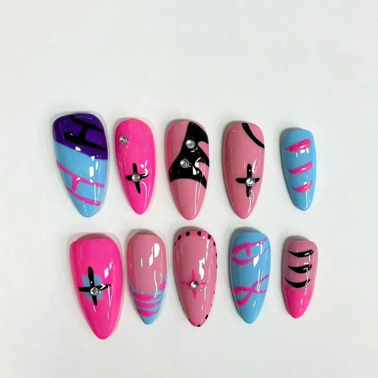 Blue Cross Design Nail Art, Bold Color Blocking Style, Trendy Punk-Inspired Manicure, Perfect for Statement Looks