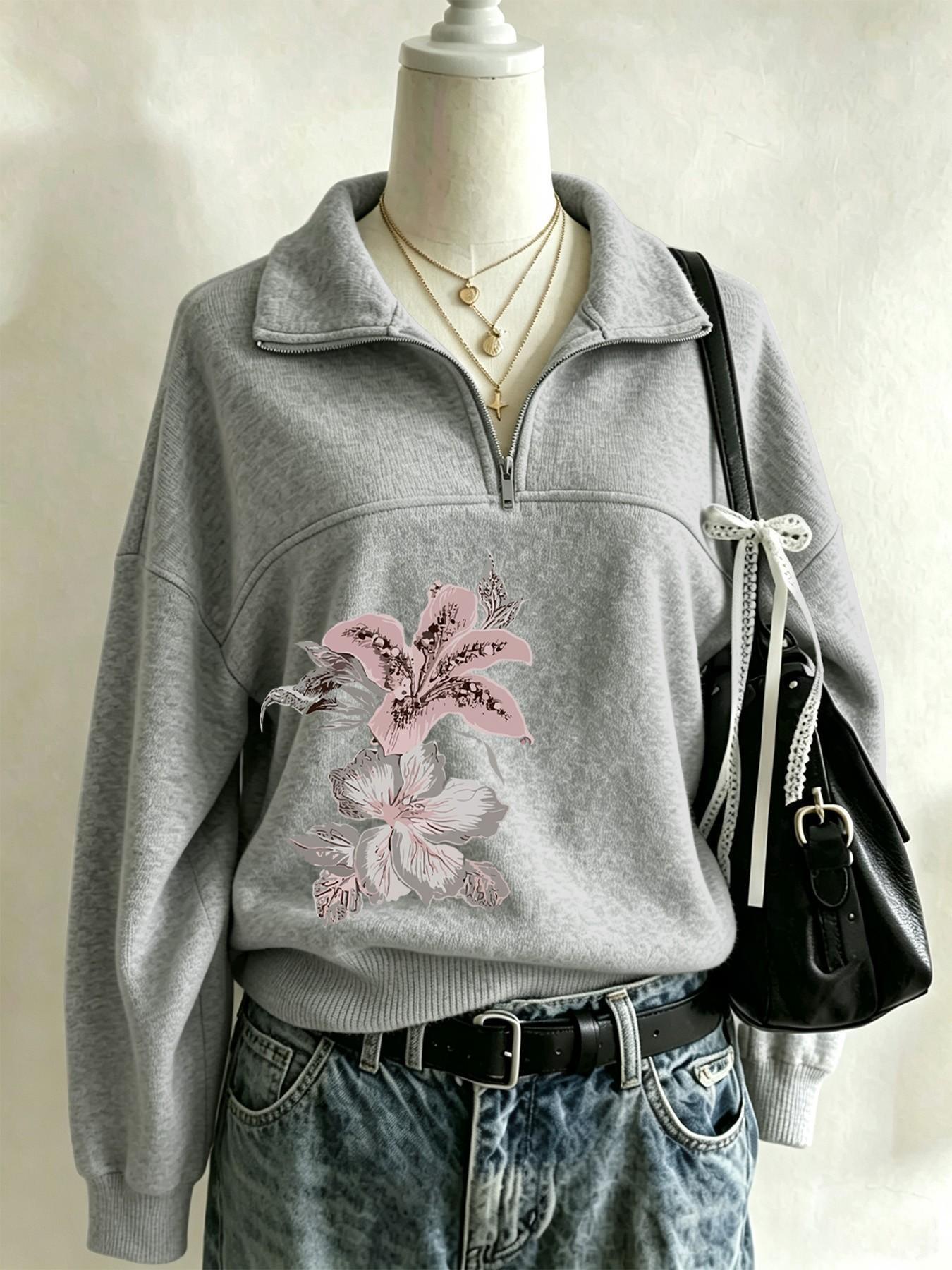 Women's light gray sweatshirt for autumn and winter, Y2K style, graphic floral print, zip-up collar, drop shoulder pullover sweatshirt, suitable for everyday street style.