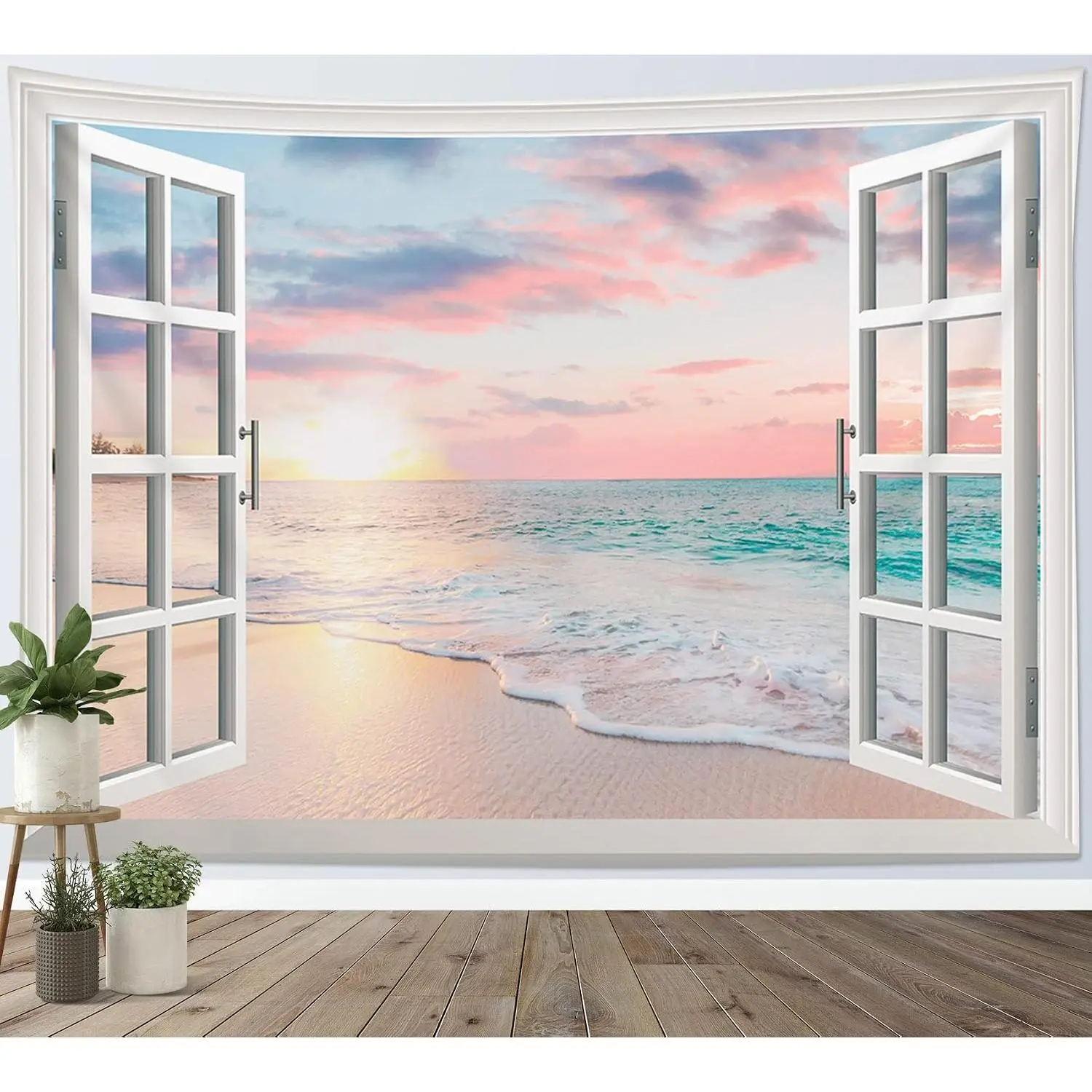 LB Ocean Tapestry Wall Hanging Sea Beach Sunset Wall Tapestry White Window Pink Sky Landscape Tapestries for Bedroom Living Room Dorm Home Wall Decor