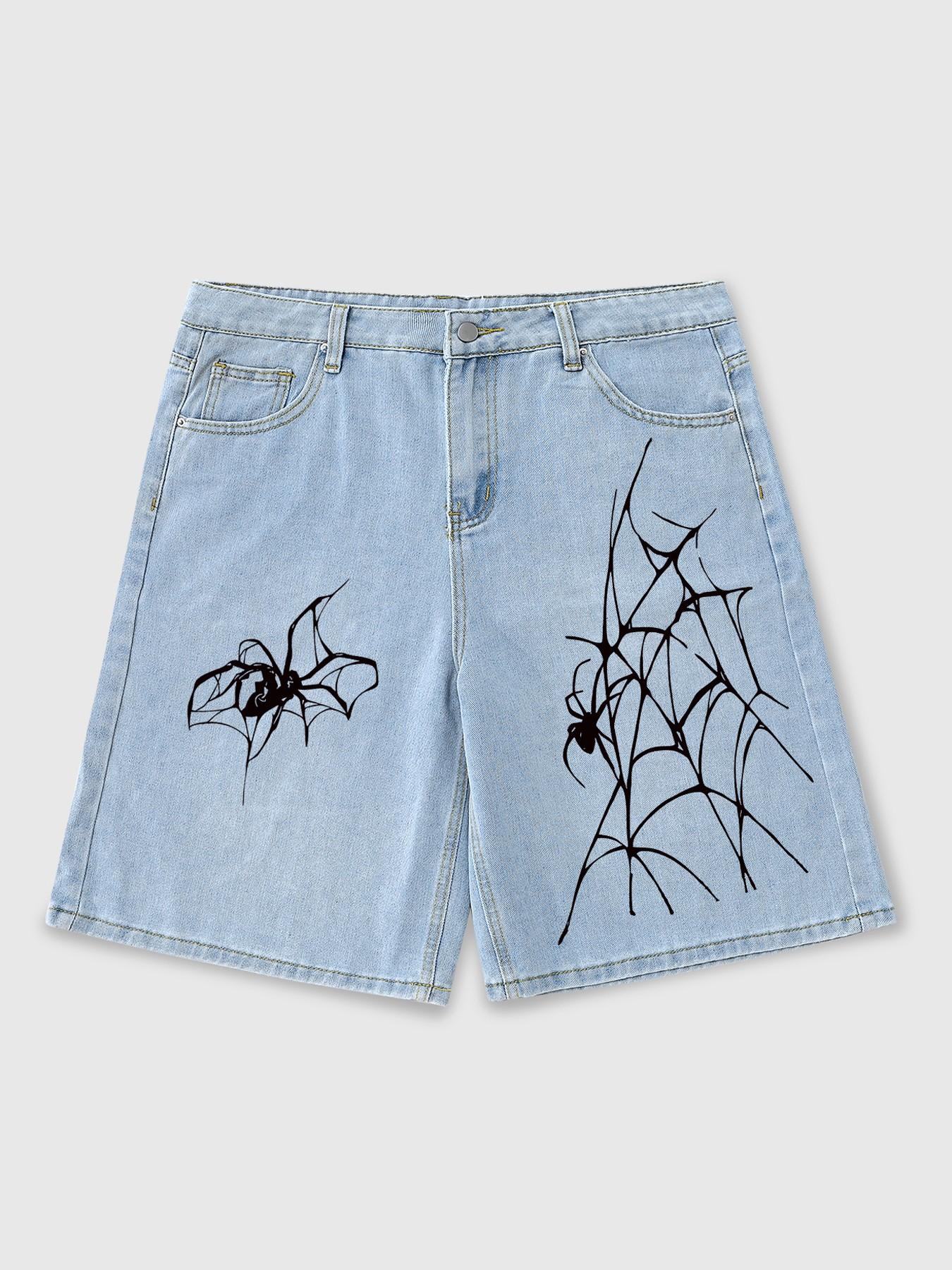 Men's Loose-Fit Denim Shorts, Spider Web Print, High-Quality Cotton, Zipper Closure, Street Style, Music Festival, Avant-Garde Fashion