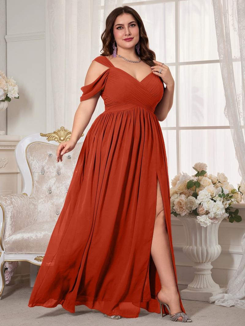 Elegant V Neck Backless Ruched Waist Chiffon Dress, High Slit Bridesmaid Gown, Pure Color Flowy A-Line, Perfect for Weddings