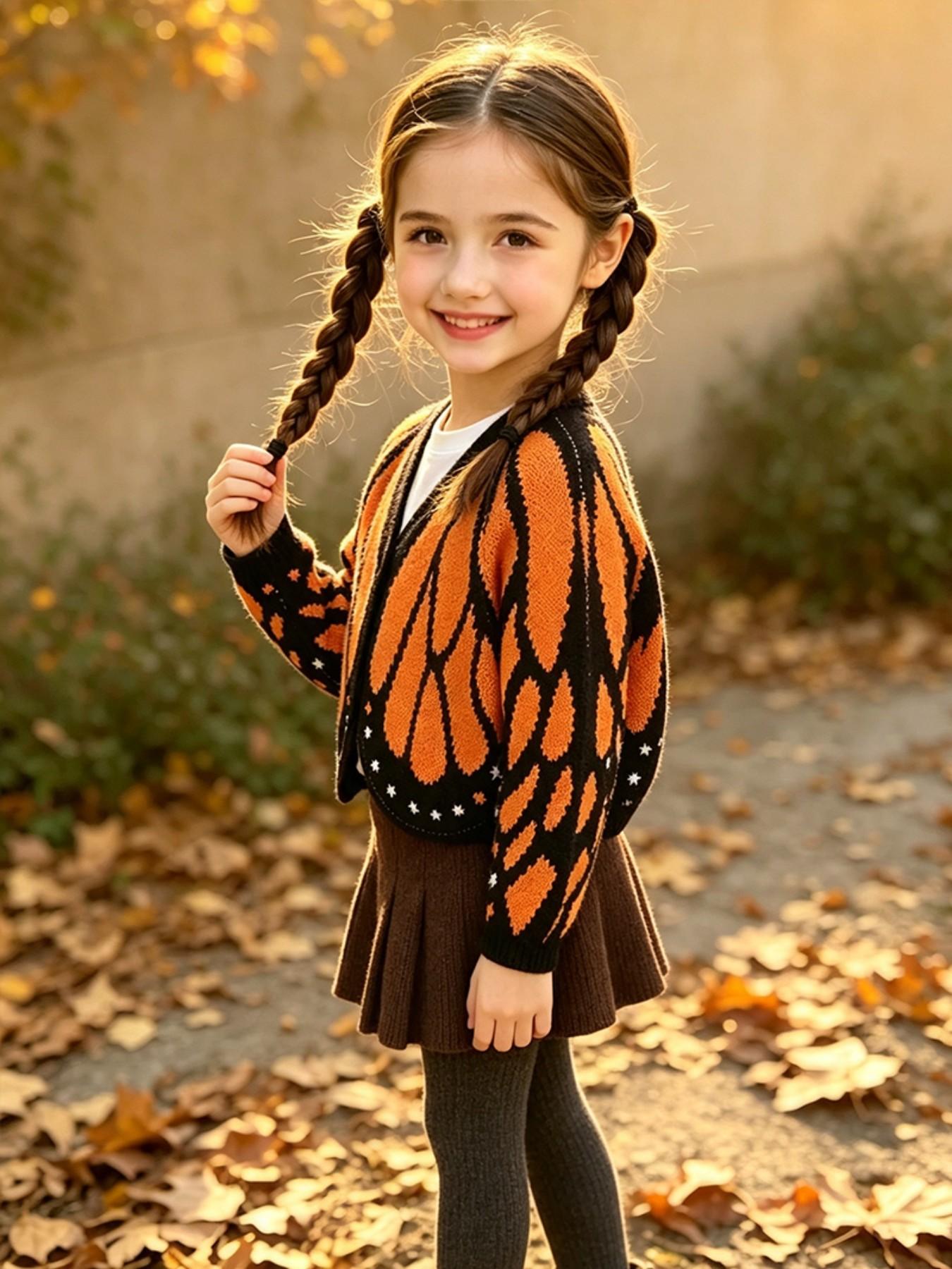 Girls Open Front Knit Cardigan, Butterfly Pattern, Orange - TikTok Shop