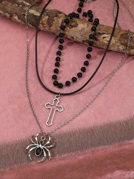 Women's Punk Style Spider Cross Pendant Necklace Set, Vintage Dark Gothic Design, Beaded Chain Jewelry for Parties
