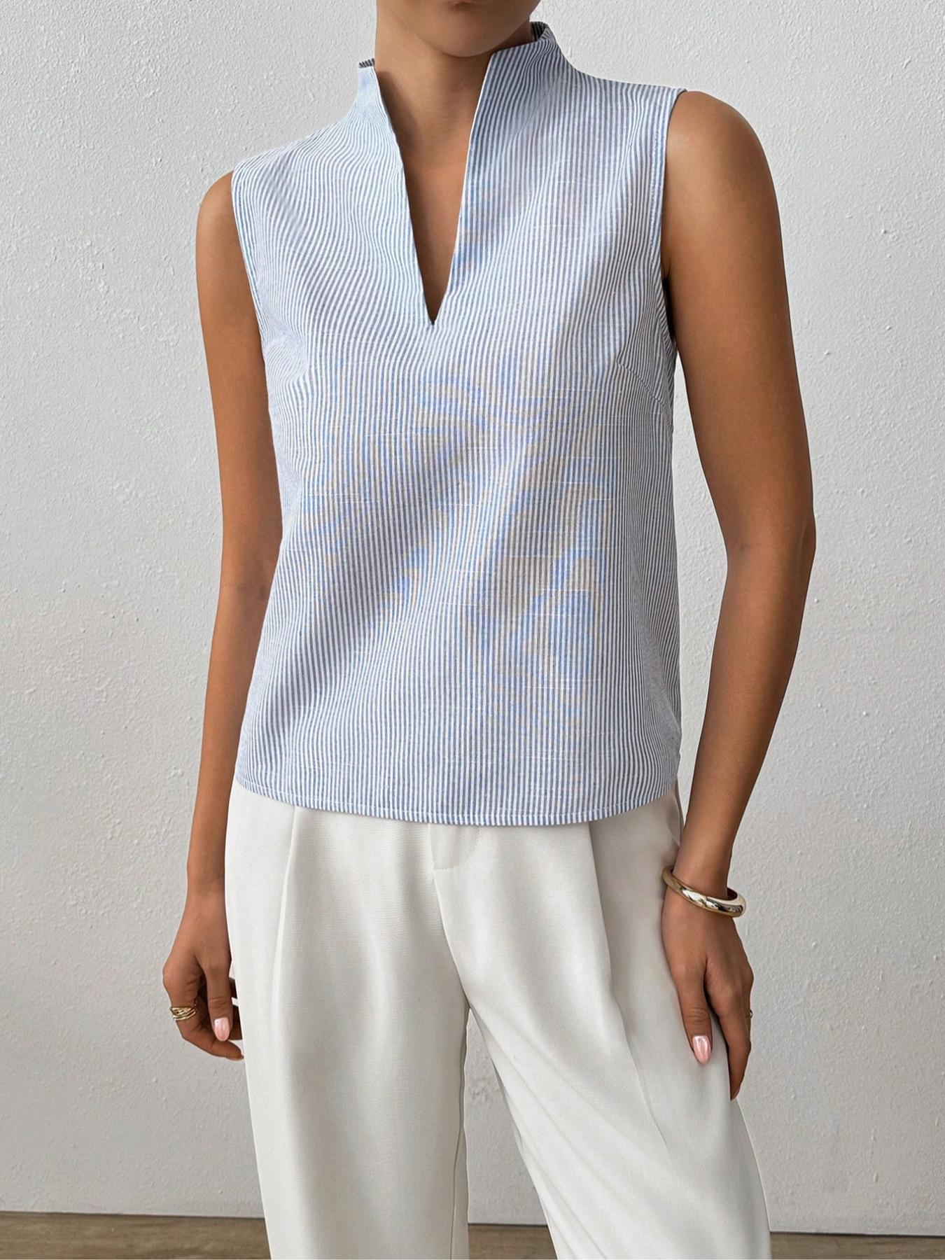 Women's Striped Print Curved Hem Tank Top, Casual Chic Sleeveless Top for Work Office Business, Ladies Clothes for Summer, Womenswear