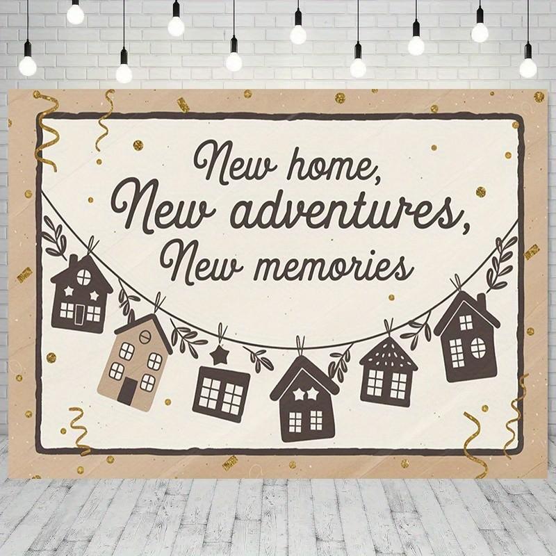1pc Housewarming Party Banner - "New Home, New Adventures, New Memories" Backdrop Decor with Golden Glitter & Cartoon Houses  Polyester,  Perfect for Holiday Parties, Home Decor & Studio Props, Photo Booth Prop | Ru