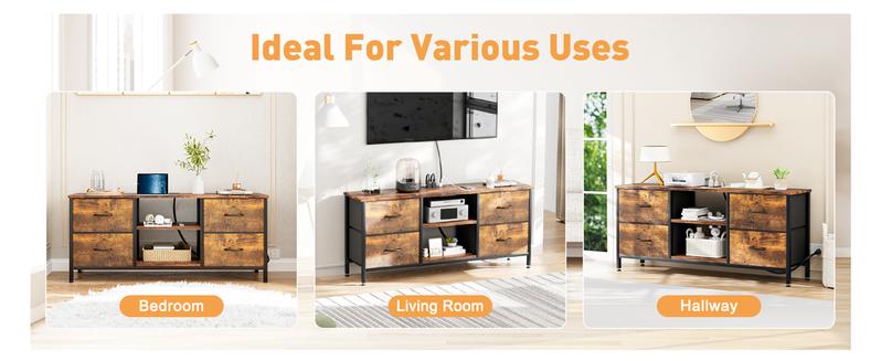 【BF&CM】AOWOS Dresser TV Stand for 50/55 inch TV, Wide Dressers & Chests of Drawers with Charging Station & 4 PU Drawers Storage, Console Sofa Table for Bedroom, Living Room