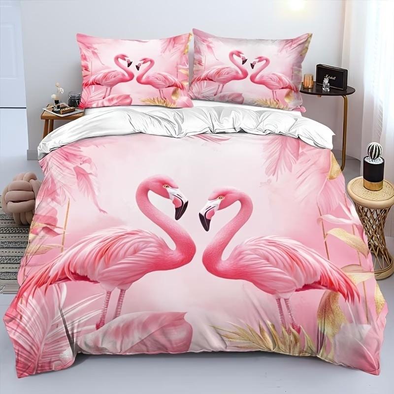 Creative Flamingo Pattern Polyester Bedding Set, Soft Comfortable Home Decor, Includes Duvet Cover and Pillowcases, All Seasons