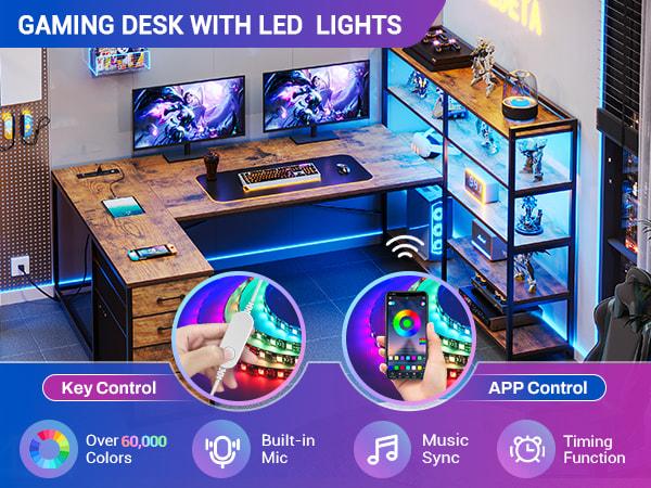 Sedeta 64.5 inch LED L-Shaped Gaming Desk with Storage Wooden Top Metal Frame Space-Saving Corner Desk for Bedroom Office APP Control Adjustable Monitor Arm
