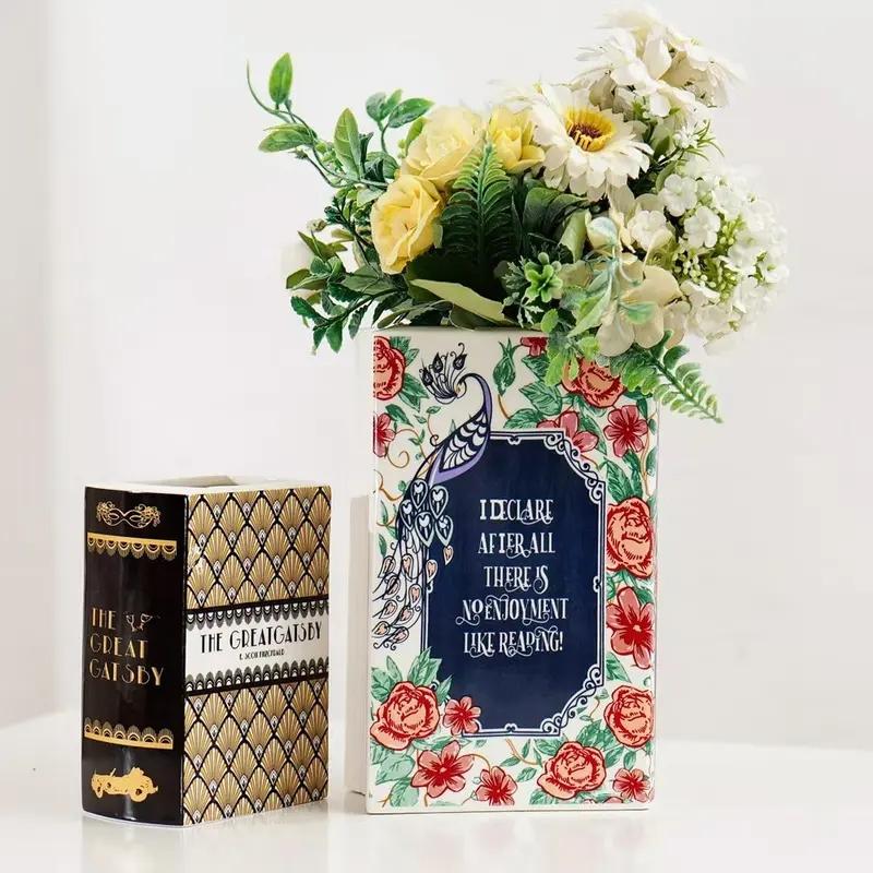 Ceramic Book-Shaped Vase, Creative Decorative Flower Holder, Waterproof Easy Clean, Ideal for Office Living Room Bedroom Cafe
