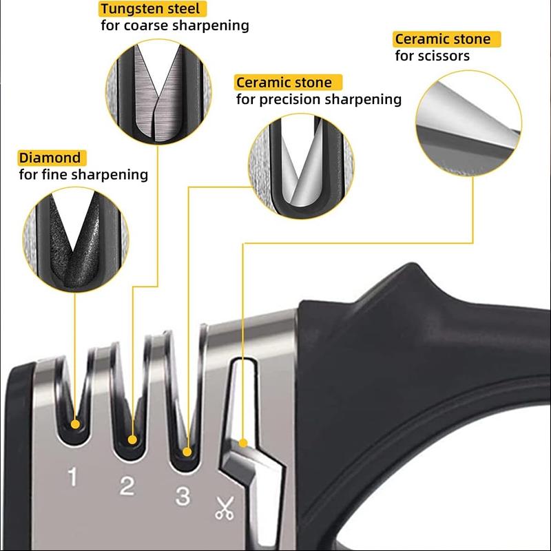 4 in 1 Knife & Scissors Sharpener, 1 Count 4 Stage Knife Sharpener, Kitchen Knife Scissor Sharpener, Manual Knife Sharpening Tool with Handle