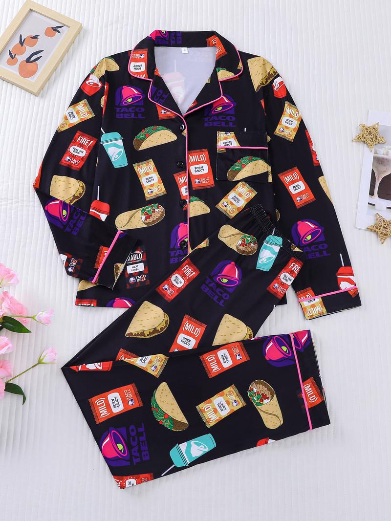 2-piece snack set, potato chips, hot dogs, bell shaped drinks, printed long sleeved shirt, long pants, soft, comfortable, skin friendly, smooth top, small pocket, button closure, elastic waistband, suitable for four households, casual wear, pajamas 2-piece snack set, potato chips, hot dogs, bell shaped drinks, printed long sleeved shirt, long pants, soft, comfortable, skin friendly, smooth top, small pocket, button closure, elastic waistband, suitable for four households, casual wear, pajamas