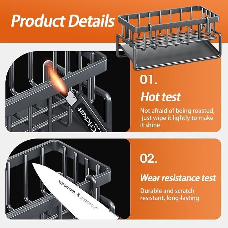 Heavy-Duty Carbon Steel Kitchen Sink Organizer with Self-Draining Rack & Sink-Mounted Sponge Holder - Space-Saving Multipurpose Countertop Storage Shelf for Dish Soap, Brushes, Rags & Dishcloths, Compact Sink Caddy Tray for Small Kitchens & Small Sink