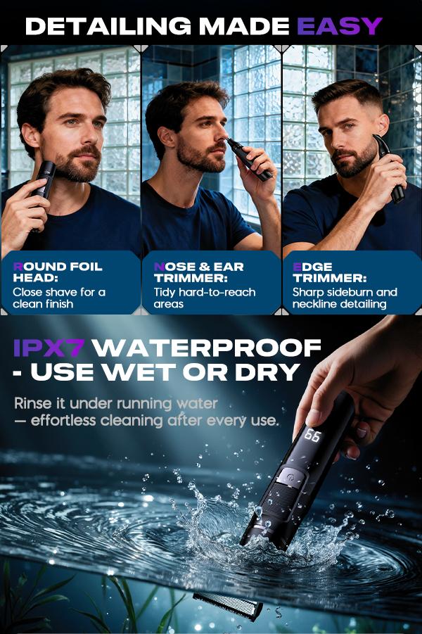 Sybler Beard Trimmer for Men 5 in 1, Electric Grooming Kit with Adjustable 1–8mm Comb, Body Shaver, Nose & Ear Hair Trimmer, IPX7 Waterproof, Type-C Fast Charge, LED Display, 120-Min Cordless Use