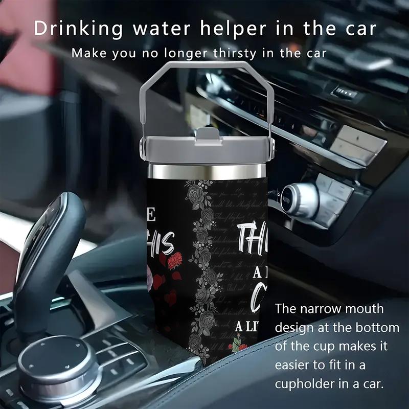 1pc 30oz Stainless Steel Insulated Mug - Gothic Style! Dark Skull and Rose Design - A Must-Have for Hot Girls! Comes with a handle and straw. Suitable for outdoor, sports, and indoor use. Birthday/Holiday Gift - Large Capacity Water Bottle