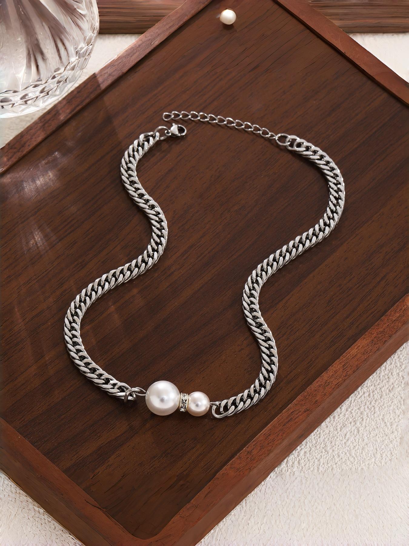 Perfect Size Pearl Stainless Steel Cuban Chain Necklace, Simple Design, Ideal Gift, Daily Wear Jewelry, Elegant and Stylish