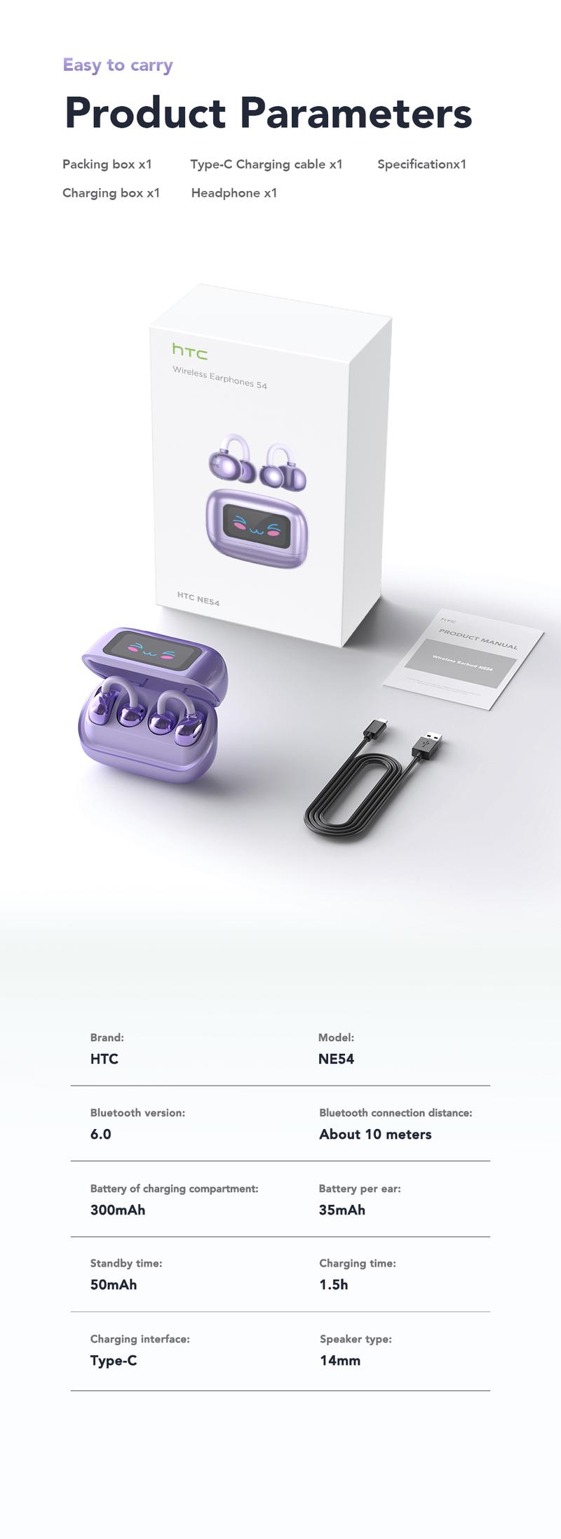 HTC NE54 Clip-On Ear Headphones Bluetooth 6.0 Full Color Touch Screen Wireless Audio Headphones IPX5 Waterproof Sports Headsets Noise Reduction Built-in Microphone for Music & Phone Calls