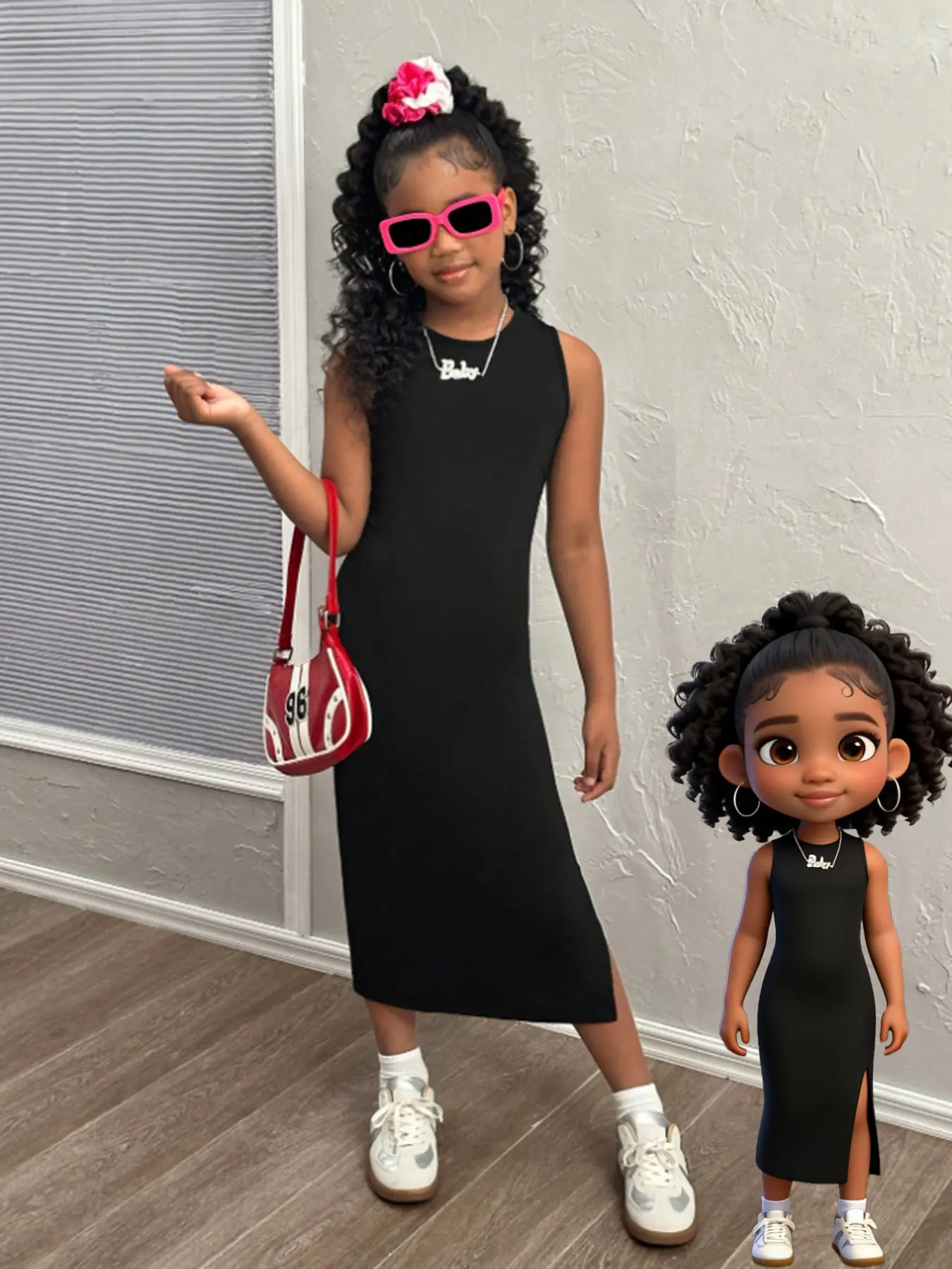 Girls' Solid Color Knitted Round Neck Sleeveless Split Dress, Versatile Slim Fit, Fashion Simple Elegance, Casual Party Wear