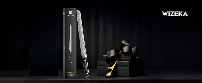 WIZEKA Damascus Serrated Bread Knife, 10 inch Bread Knife for Homemade Bread, Razor Sharp VG10 Damascus Steel Multifunction Serrated Knife for Slicing Homemade Bread, Bagels, Cake Kitchen Cutting Kitchenware Blade
