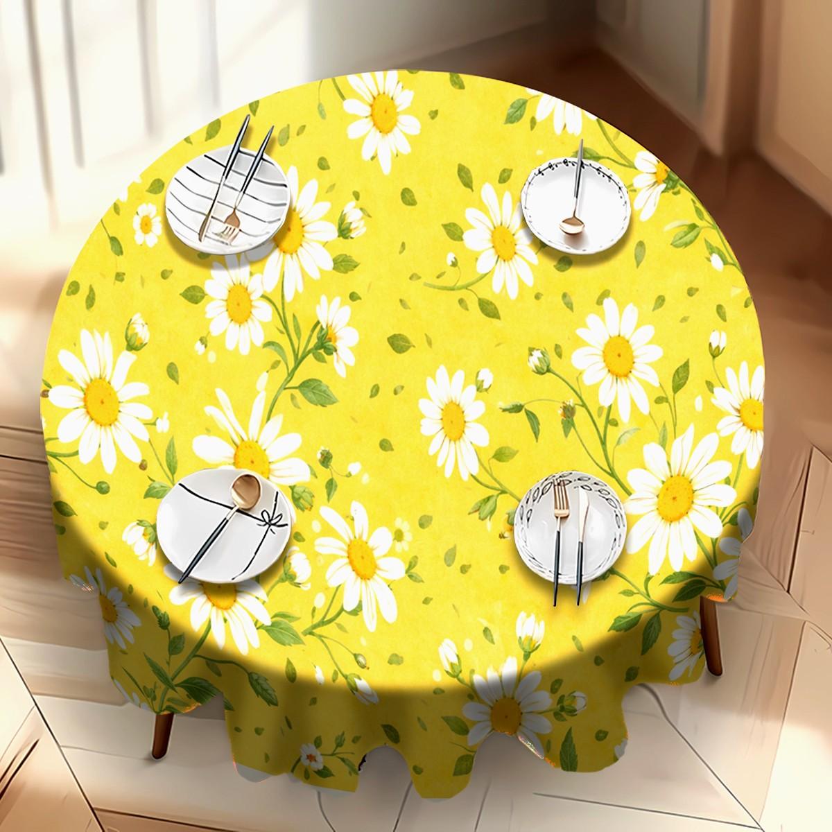 Floral Tablecloth, Bright Daisies, Easy-Clean Polyester, Rectangular Dining Table Cover, Party, Wedding, Home Decor