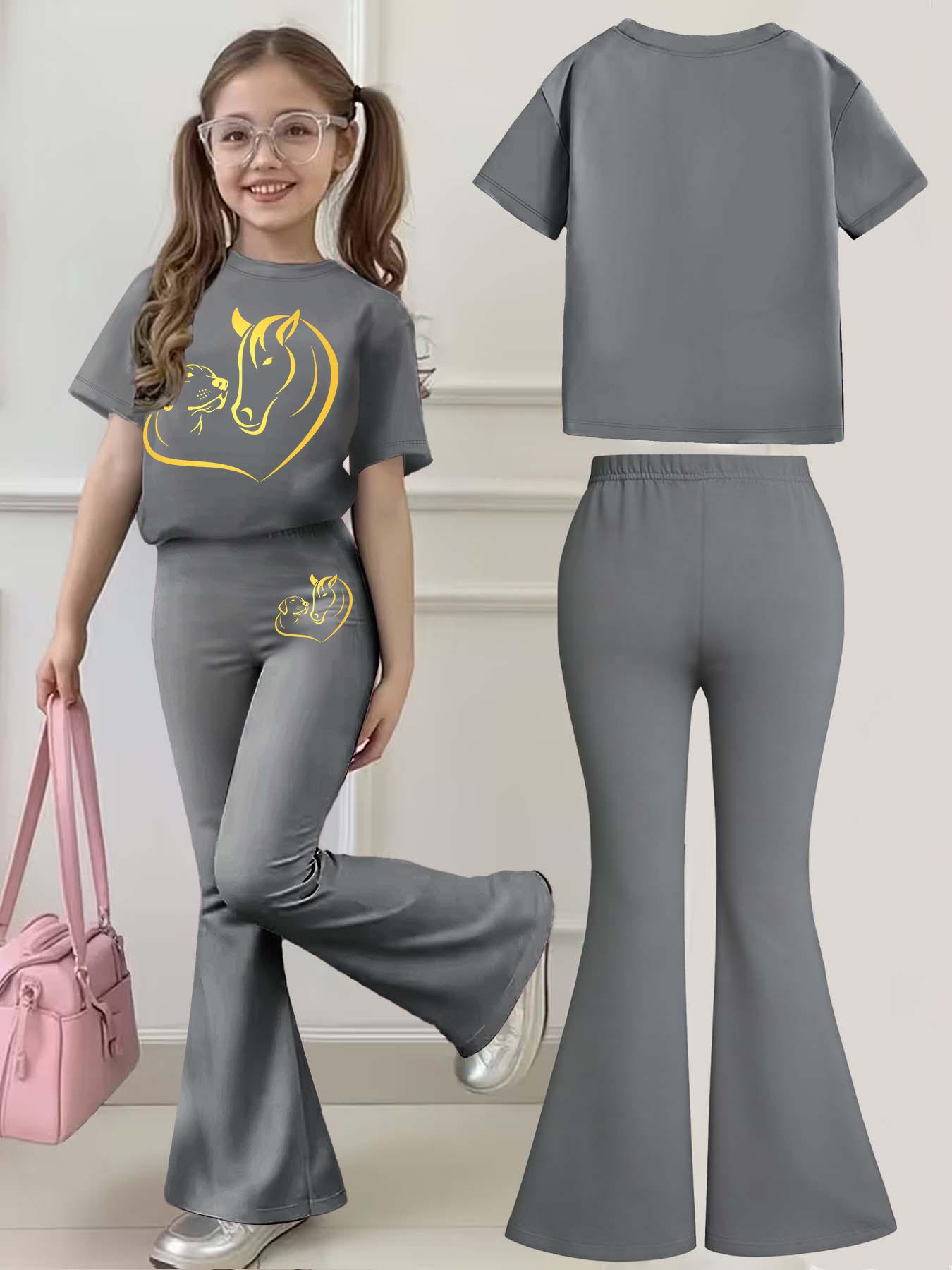 Kids' Casual Set, Horse & Dog Heart Animal Print, Multiple Colors, Machine Washable, Spring & Summer Top, Soft Skin-Friendly Fabric, Daily Wear, Fashion Design